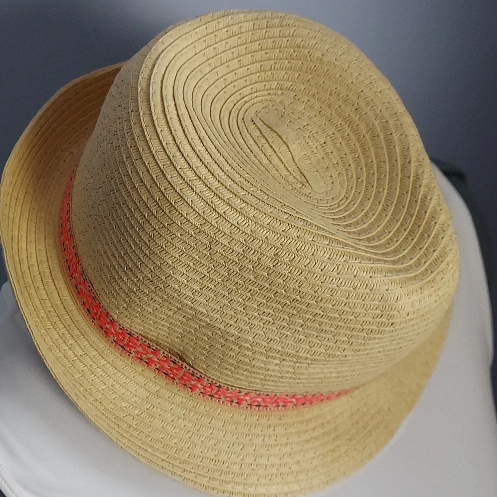 * Fedora Women's Summer Straw Hat Tan with Coral Multi Band, Like New